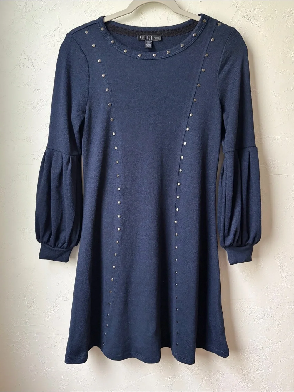 Spense Navy Studded Puff Sleeve Swing Dress Petite PS - Picture 3 of 7